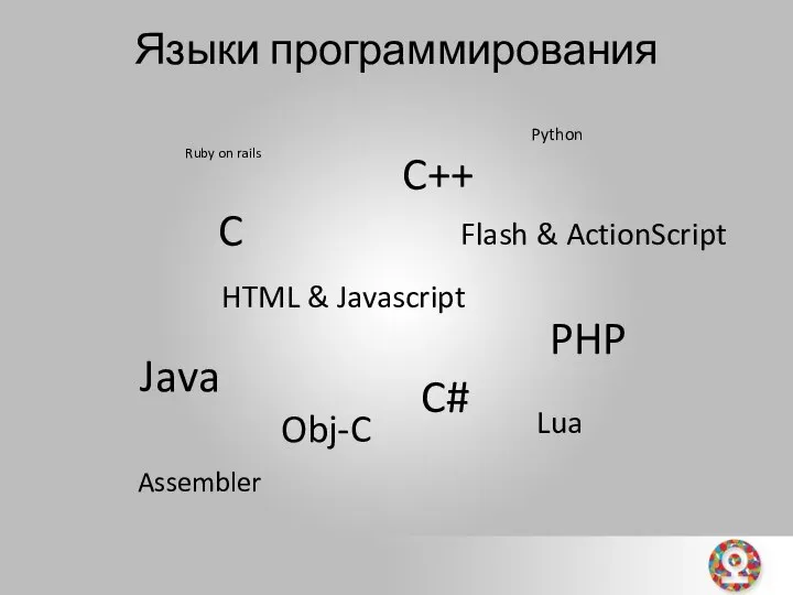 Языки программирования C C++ HTML & Javascript Obj-C Flash & ActionScript