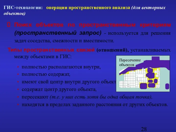 Поиск объектов по пространственным критериям (пространственный запрос) - используется для решения