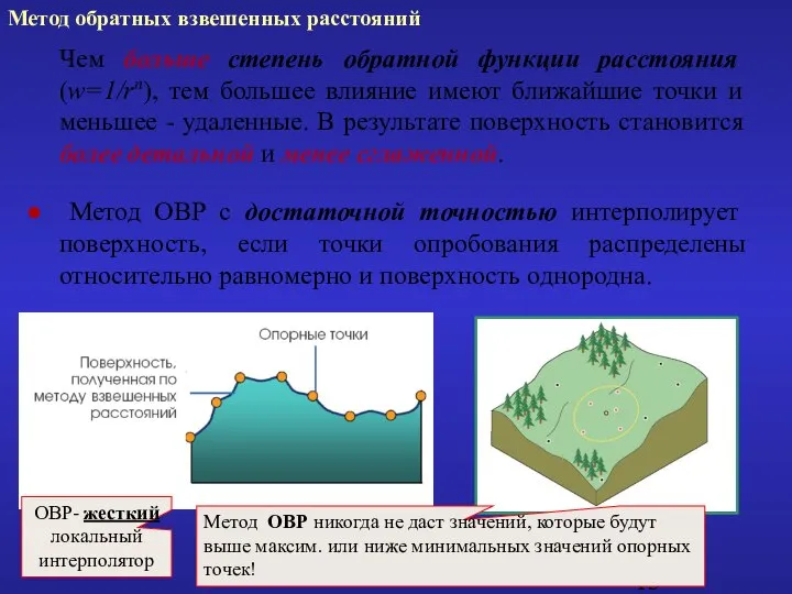 Чем больше степень обратной функции расстояния (w=1/rn), тем большее влияние имеют