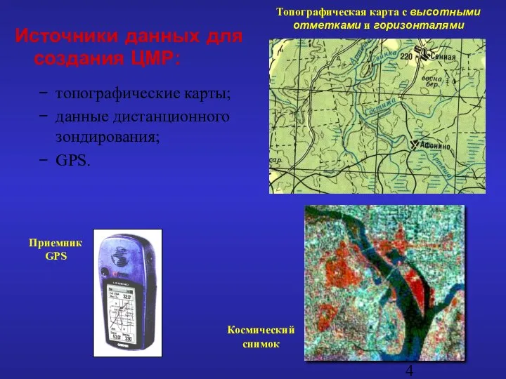 Источники данных для создания ЦМР: топографические карты; данные дистанционного зондирования; GPS.