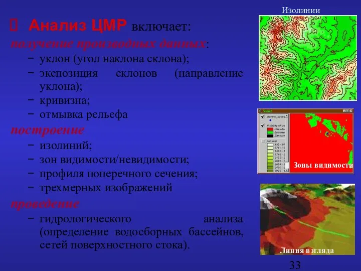 Анализ ЦМР включает: получение производных данных: уклон (угол наклона склона); экспозиция