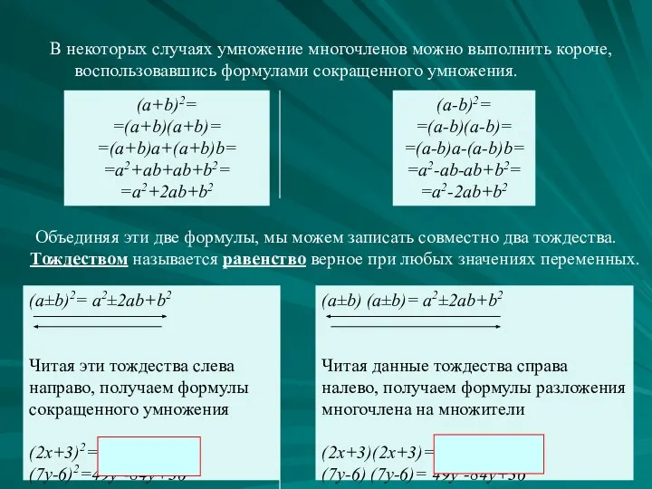 В некоторых случаях умножение многочленов можно выполнить короче, воспользовавшись формулами сокращенного