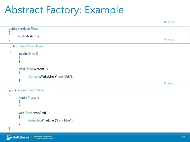 Abstract Factory: Example public interface Race { void whoAmI(); } public