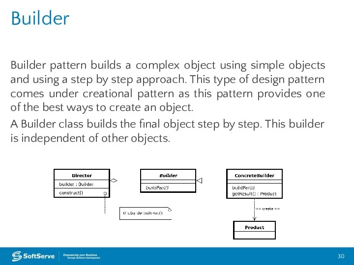 Builder pattern builds a complex object using simple objects and using