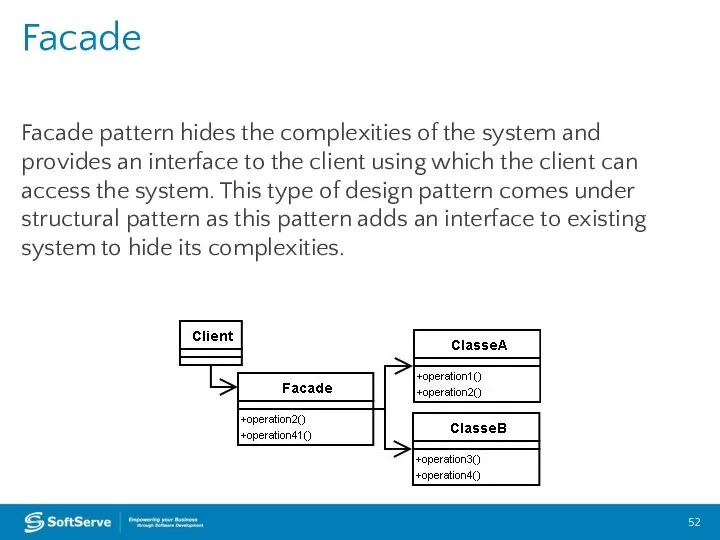 Facade pattern hides the complexities of the system and provides an