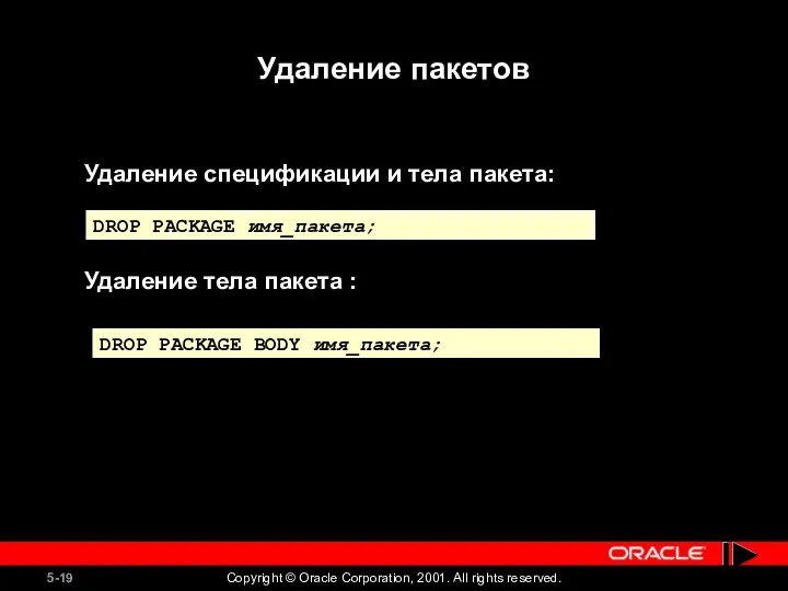 Удаление спецификации и тела пакета: Удаление тела пакета : DROP PACKAGE