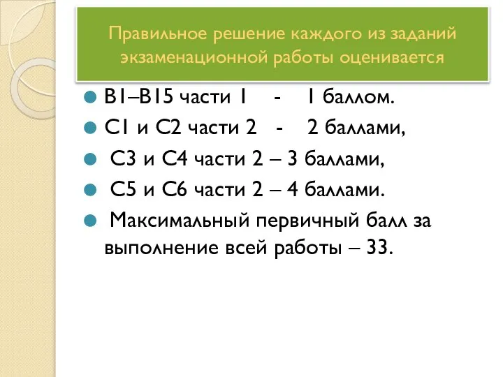 В1–В15 части 1 - 1 баллом. С1 и С2 части 2