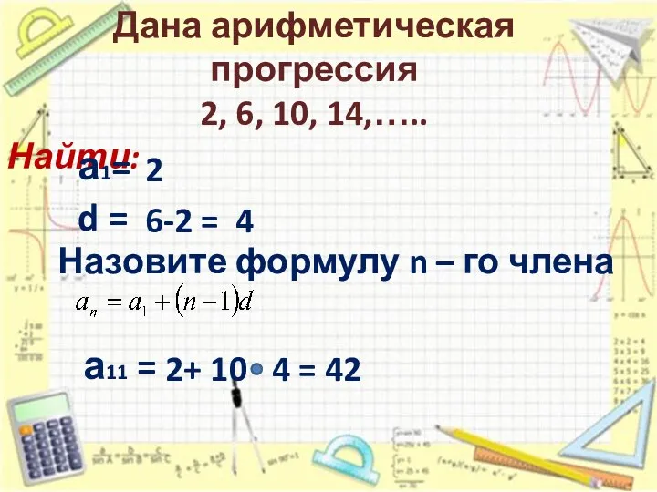 Дана арифметическая прогрессия 2, 6, 10, 14,….. Найти: а1= 2 d