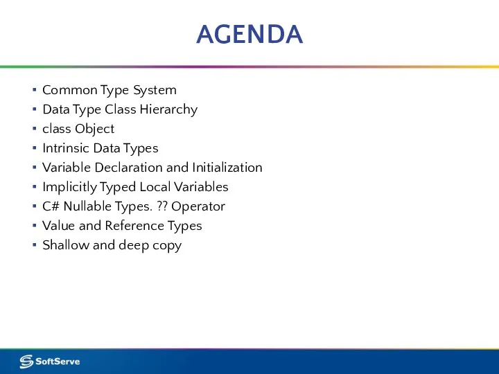 AGENDA Common Type System Data Type Class Hierarchy class Object Intrinsic