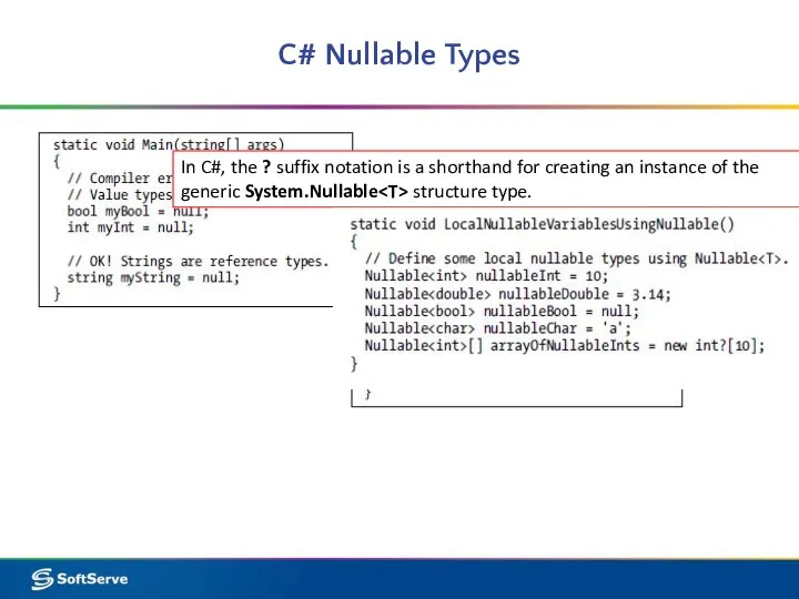 C# Nullable Types In C#, the ? suffix notation is a