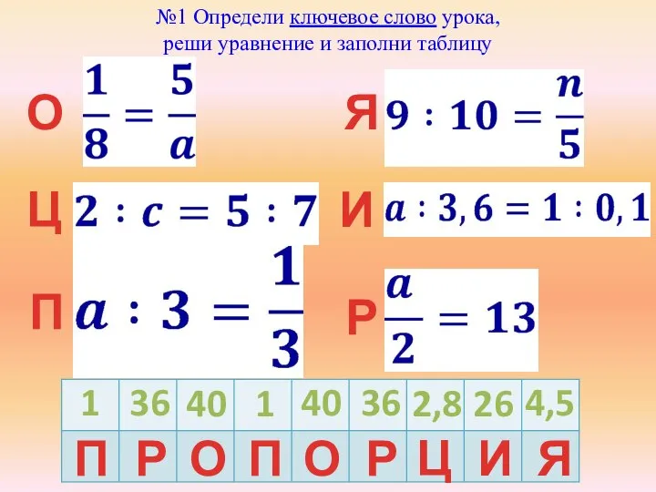 №1 Определи ключевое слово урока, реши уравнение и заполни таблицу О