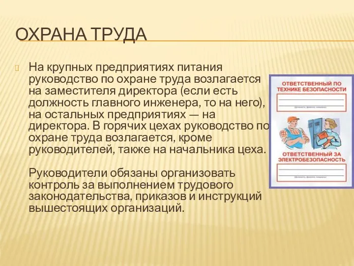 ОХРАНА ТРУДА На крупных предприятиях питания руководство по охране труда возлагается