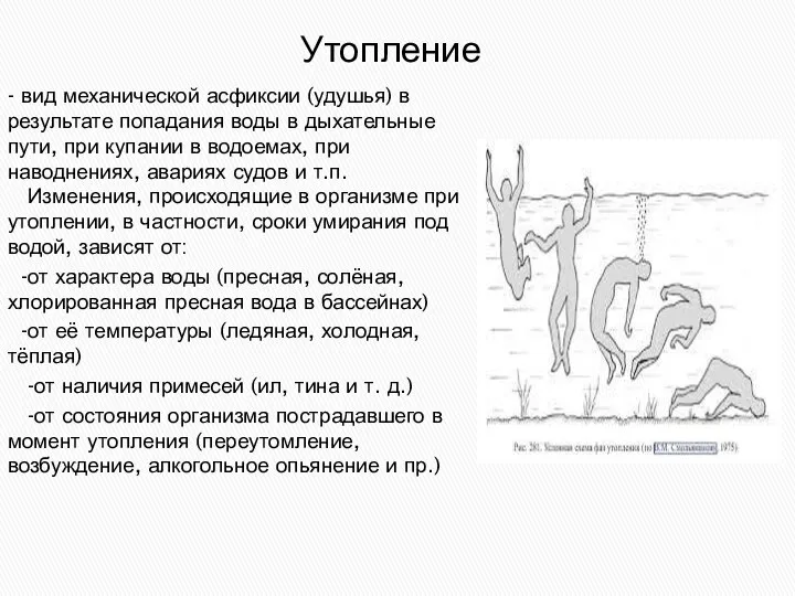 - вид механической асфиксии (удушья) в результате попадания воды в дыхательные