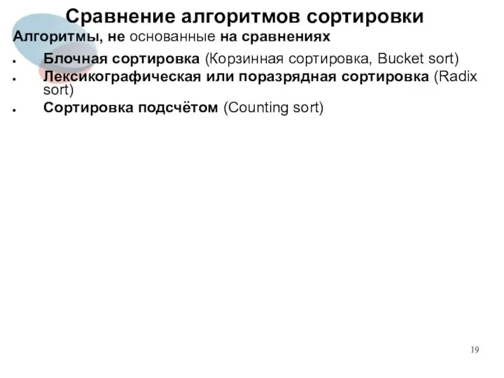 Сравнение алгоритмов сортировки Алгоритмы, не основанные на сравнениях Блочная сортировка (Корзинная