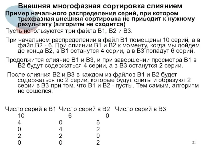 Внешняя многофазная сортировка слиянием Пример начального распределения серий, при котором трехфазная