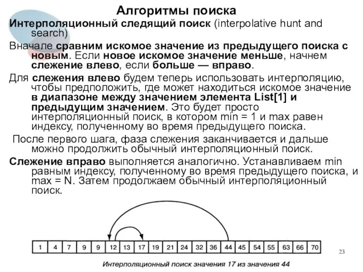 Алгоритмы поиска Интерполяционный следящий поиск (interpolative hunt and search) Вначале сравним