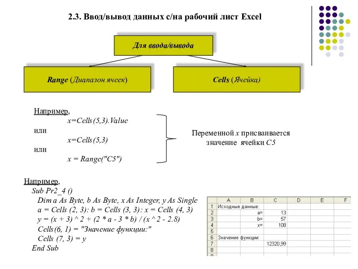 2.3. Ввод/вывод данных с/на рабочий лист Excel Например, x=Cells(5,3).Value или x=Cells(5,3)