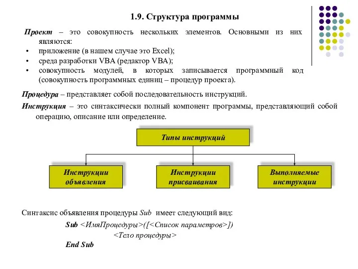 1.9. Структура программы Проект – это совокупность нескольких элементов. Основными из