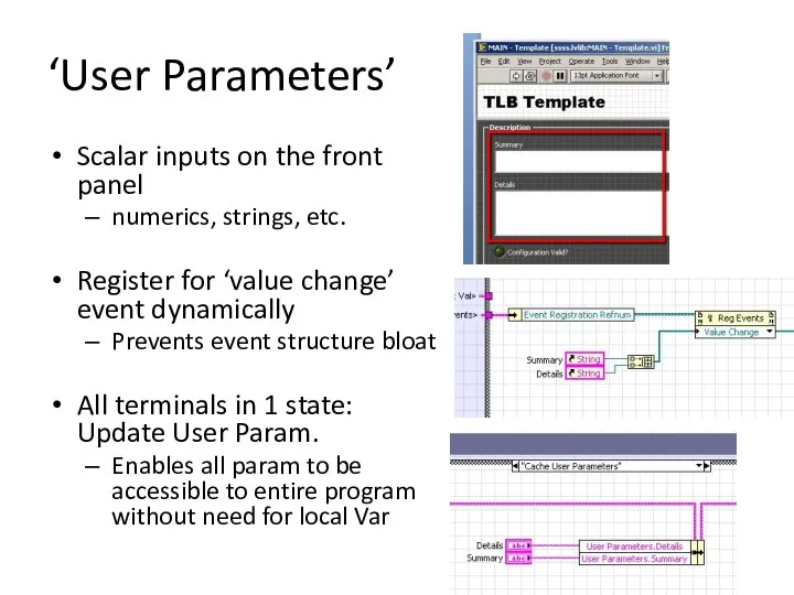 ‘User Parameters’ Scalar inputs on the front panel numerics, strings, etc.