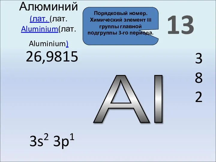 Al 13 Алюминий (лат. (лат. Aluminium(лат. Aluminium) 3 8 2 26,9815