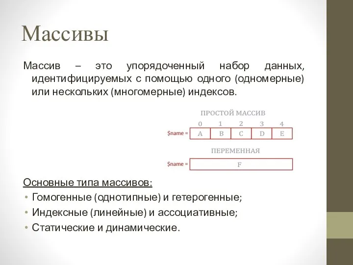 Массивы Массив – это упорядоченный набор данных, идентифицируемых с помощью одного