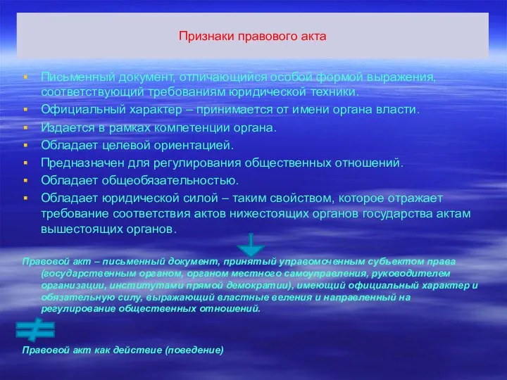 Признаки правового акта Письменный документ, отличающийся особой формой выражения, соответствующий требованиям