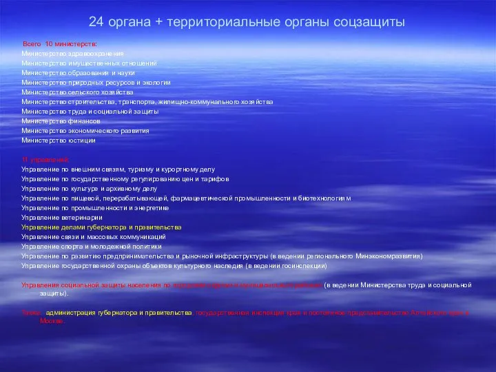 24 органа + территориальные органы соцзащиты Всего 10 министерств: Министерство здравоохранения