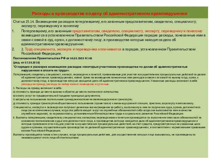 Расходы в производстве по делу об административном правонарушении Статья 25.14. Возмещение