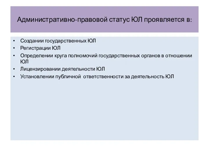 Административно-правовой статус ЮЛ проявляется в: Создании государственных ЮЛ Регистрации ЮЛ Определении