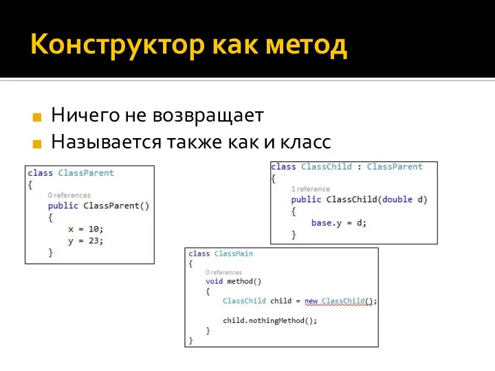 Конструктор как метод Ничего не возвращает Называется также как и класс