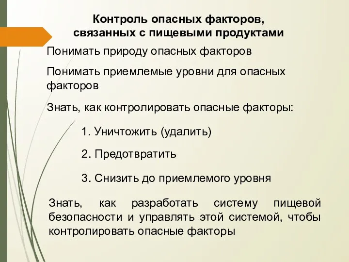 Контроль опасных факторов, связанных с пищевыми продуктами Понимать природу опасных факторов