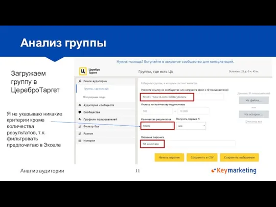 Анализ аудитории Анализ группы Загружаем группу в ЦереброТаргет Я не указываю