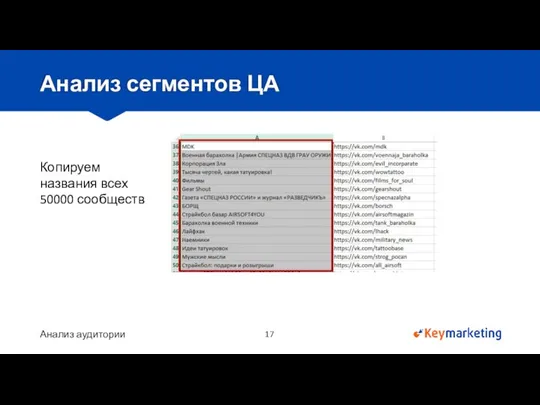 Анализ аудитории Анализ сегментов ЦА Копируем названия всех 50000 сообществ