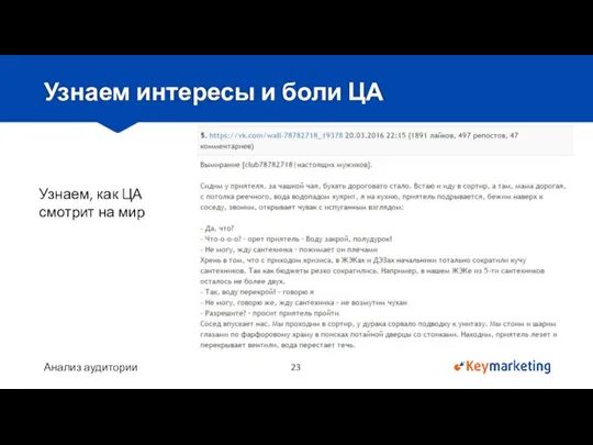 Анализ аудитории Узнаем интересы и боли ЦА Узнаем, как ЦА смотрит на мир