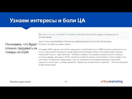 Анализ аудитории Узнаем интересы и боли ЦА Понимаем, что будет сложно продавать им товары из США