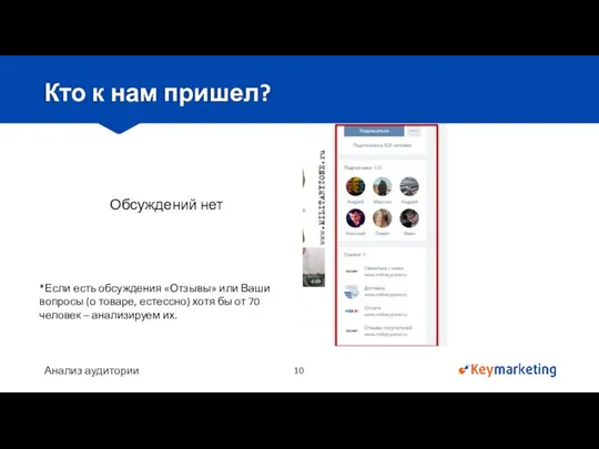 Анализ аудитории Кто к нам пришел? Обсуждений нет *Если есть обсуждения