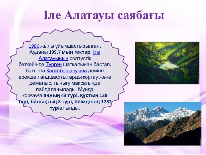 Іле Алатауы саябағы 1996 жылы ұйымдастырылған. Ауданы 199,7 мың гектар. Іле