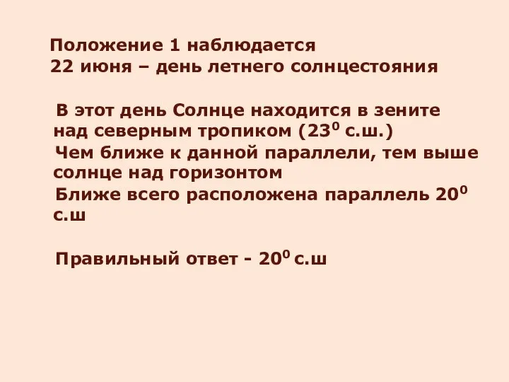 Положение 1 наблюдается 22 июня – день летнего солнцестояния В этот