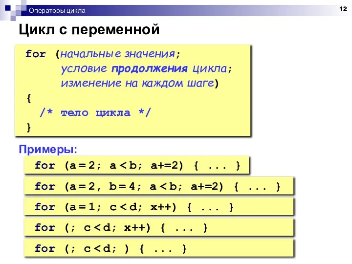 Операторы цикла Цикл с переменной for (начальные значения; условие продолжения цикла;