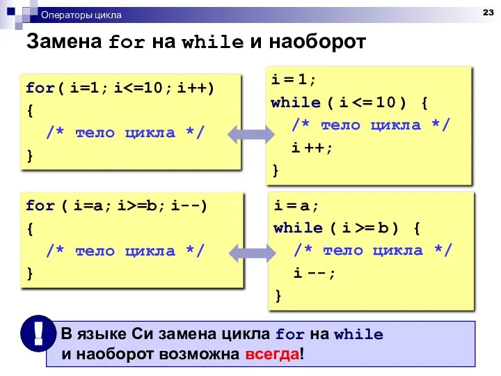 Операторы цикла Замена for на while и наоборот for( i=1; i