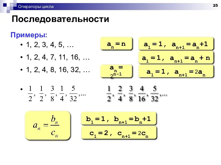 Операторы цикла Последовательности Примеры: 1, 2, 3, 4, 5, … 1,