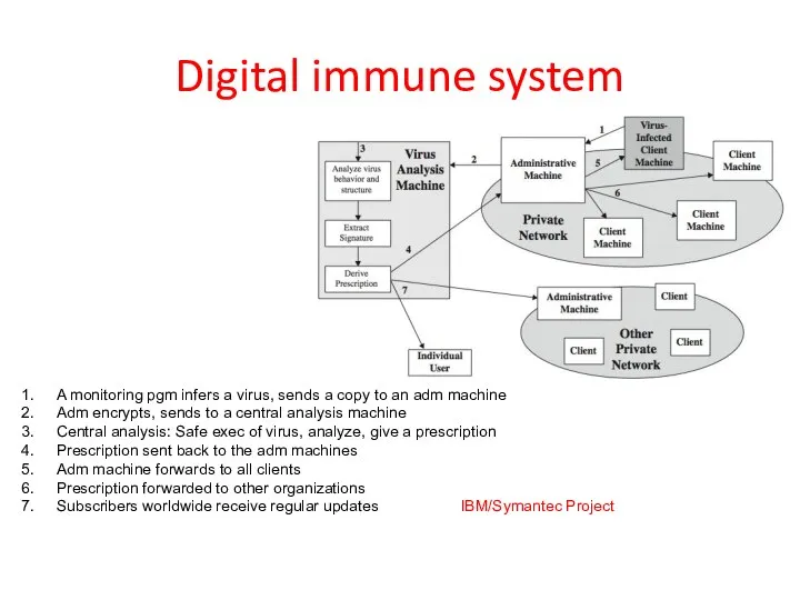 Digital immune system A monitoring pgm infers a virus, sends a