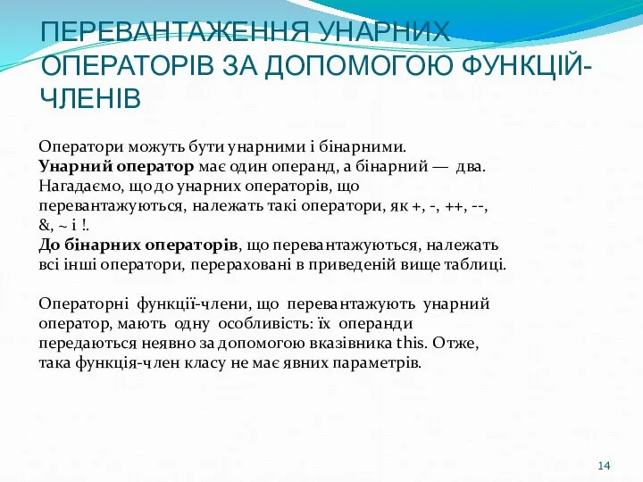 ПЕРЕВАНТАЖЕННЯ УНАРНИХ ОПЕРАТОРІВ ЗА ДОПОМОГОЮ ФУНКЦІЙ-ЧЛЕНІВ Оператори можуть бути унарними і