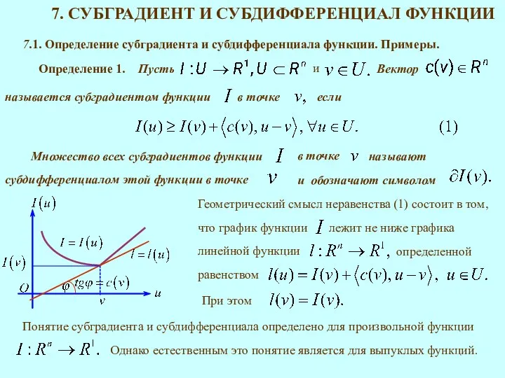 7.1. Определение субградиента и субдифференциала функции. Примеры. Определение 1. если Геометрический