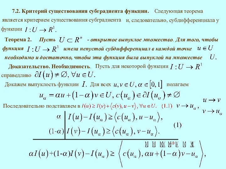 7.2. Критерий существования субградиента функции. Теорема 2. Доказательство. Необходимость.