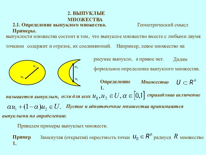 2. ВЫПУКЛЫЕ МНОЖЕСТВА 2.1. Определение выпуклого множества. Примеры. называется выпуклым, справедливо