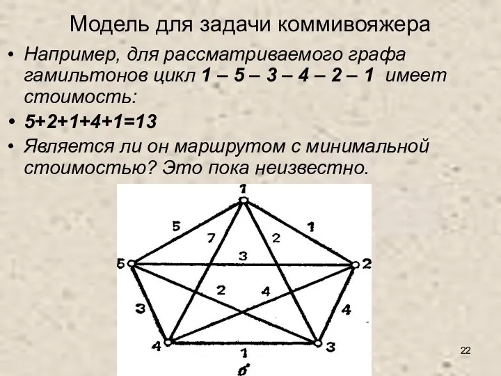 Модель для задачи коммивояжера Например, для рассматриваемого графа гамильтонов цикл 1