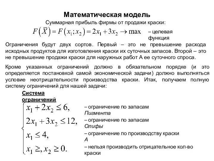 Математическая модель – целевая функция – ограничение по запасам Пигмента –