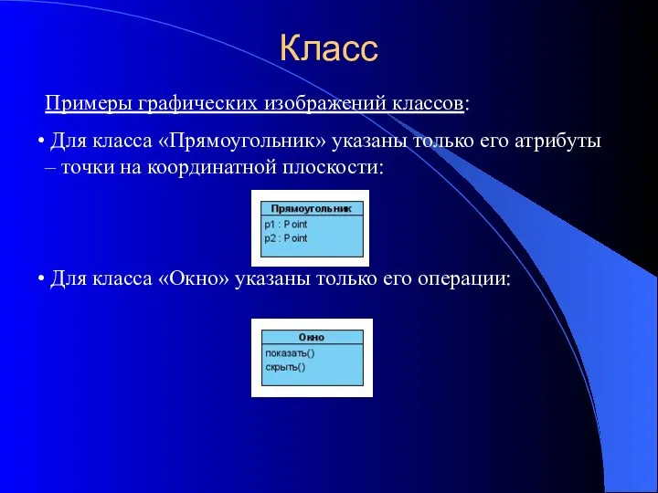 Примеры графических изображений классов: Для класса «Прямоугольник» указаны только его атрибуты