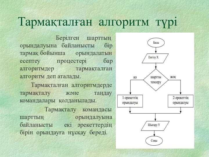 Тармақталған алгоритм түрі Берілген шарттың орындалуына байланысты бір тармақ бойынша орындалатын